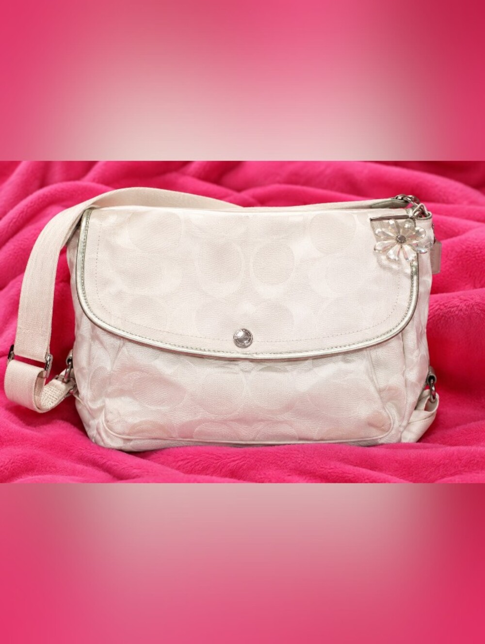 Coach Kyra White Signature Shoulder Bag with Crystal Flower Charm